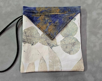 Leather Snap Bag, Beautiful Ecoprinted Botanical Designs & Natural Colors from Leaves, Concert Purse, Wrist Strap, Hand Crafted by Artist,