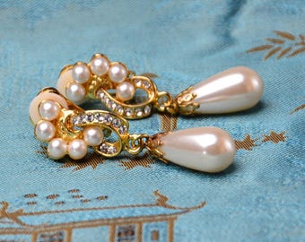 Vintage Gold-Tone Faux Pearl & Rhinestone Dangle Wedding Earrings Clip-on