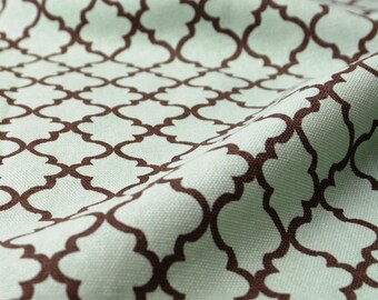Moroccan Geometric Cotton Fabric: Mint Green & Chocolate Brown, USA Printed