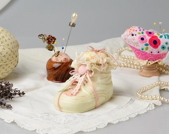 Porcelain Baby Shoe Pincushion Handmade Sewing Pin Organizer Craft Room Decor
