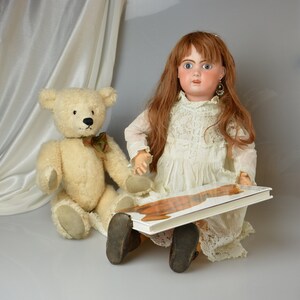 May include: A porcelain doll with long brown hair wearing a white dress and holding a book. The doll is sitting next to a cream-colored teddy bear.