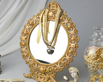 Iron Art Framed Standing Mirror Gold Tone Fleur De Lis Design Vanity Table Ornate Round Mirror Cast Iron Hollywood Regency