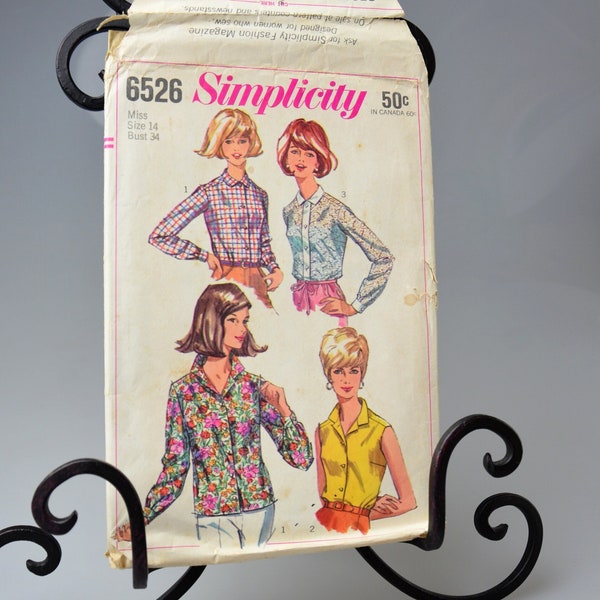 Vintage Blouse Sewing Pattern Simplicity 6526 Miss Size 14 Bust 34" Looks Slimmer Pattern long Sleeves Blouse & Sleeveless