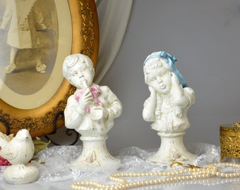 Vintage Shabby Chic Figurines: Hand Painted Boy & Girl Busts