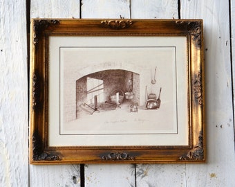 Early American Kitchen Picture "The Copper Kettle" Lithographic Reproduction of Doris Whitten Morgan Pencil Drawing Collectible Cabin Decor