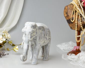 Distressed White Wooden Elephant Figurine: Shabby Chic Cottage Decor