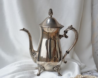 Vintage Silver Plated Coffee Pot with Floral Accents Dinner Table Decor