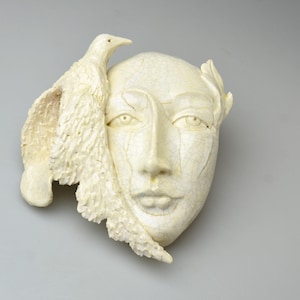 Art Pottery Cracked Ceramic Face Sculpture With Dove Broken Pieces Art Nouveau Style