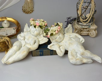 Wedding Decor set of 2 Large Cupid Wall Decor Handpainted Vintage Alexander Backer Winged Cherub Figurines French Cottage Angelic Romantic