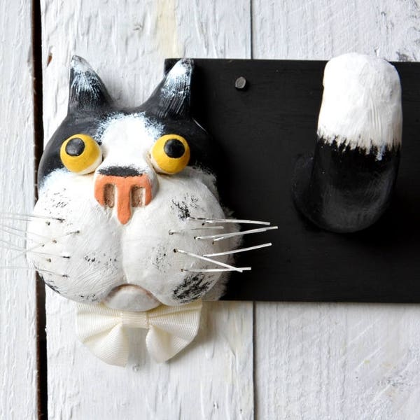 Funny Cat Hook Rack Black  & White Cat Clothes Hook Child Room Hat Hanger Cat Wall Decor Coat Rack Towel Hanger Cat Nursery Decor