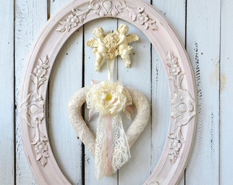 Petite Heart Wreath Shabby Chic with Cherubs Figurine Valentine's Day Gift Romantic French Cottage Chic Decor Handmade Lace Silky Rose