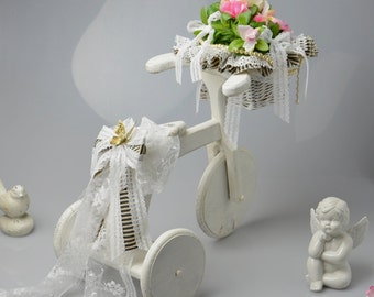 Shabby Chic Wood Bicycle Decor: Lace Flower Basket, Romantic Nursery