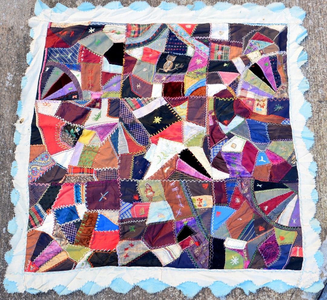 Handmade Embroidered Antique Crazy Quilt Silk Velvet Satin Antique