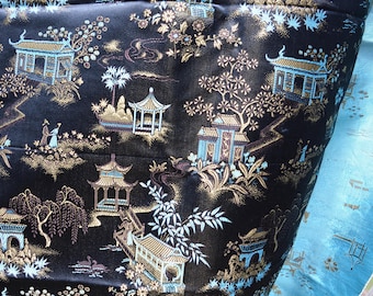 Vintage Oriental Toile Brocade Silk Fabric: Black, Blue, Gold Chinoiserie Jacquard