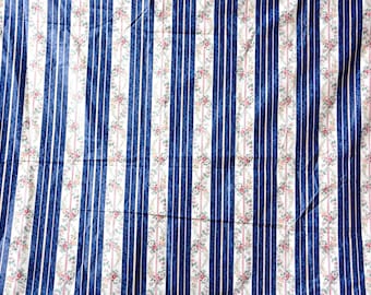 Vintage Floral Stripes Chintz Cotton Fabric: Royal Blue DIY Home Decor