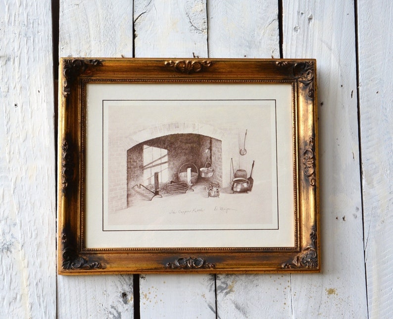 Early American Kitchen Picture The Copper Kettle Lithographic Reproduction of Doris Whitten Morgan Pencil Drawing Collectible Cabin Decor image 1