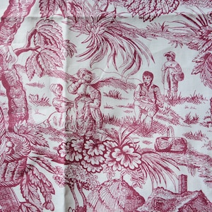 Burgundy Color Toile Print Lightweight Cotton Fabric French Farm Country Life Scenic de Jouy Fabric Remnant Charming Rustic Rural Scenes