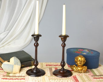 Pair Vintage Wood Carved Candlestick Holders Treen Desk Candlesticks Farmhouse Decor Cottage Decor Mahogany Walnut Candle Holder