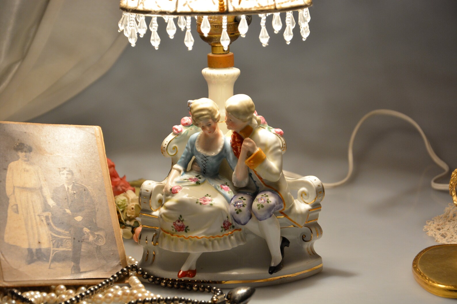 Vintage German Porcelain Figurine Lamp Small Lace Lamp Shade Etsy
