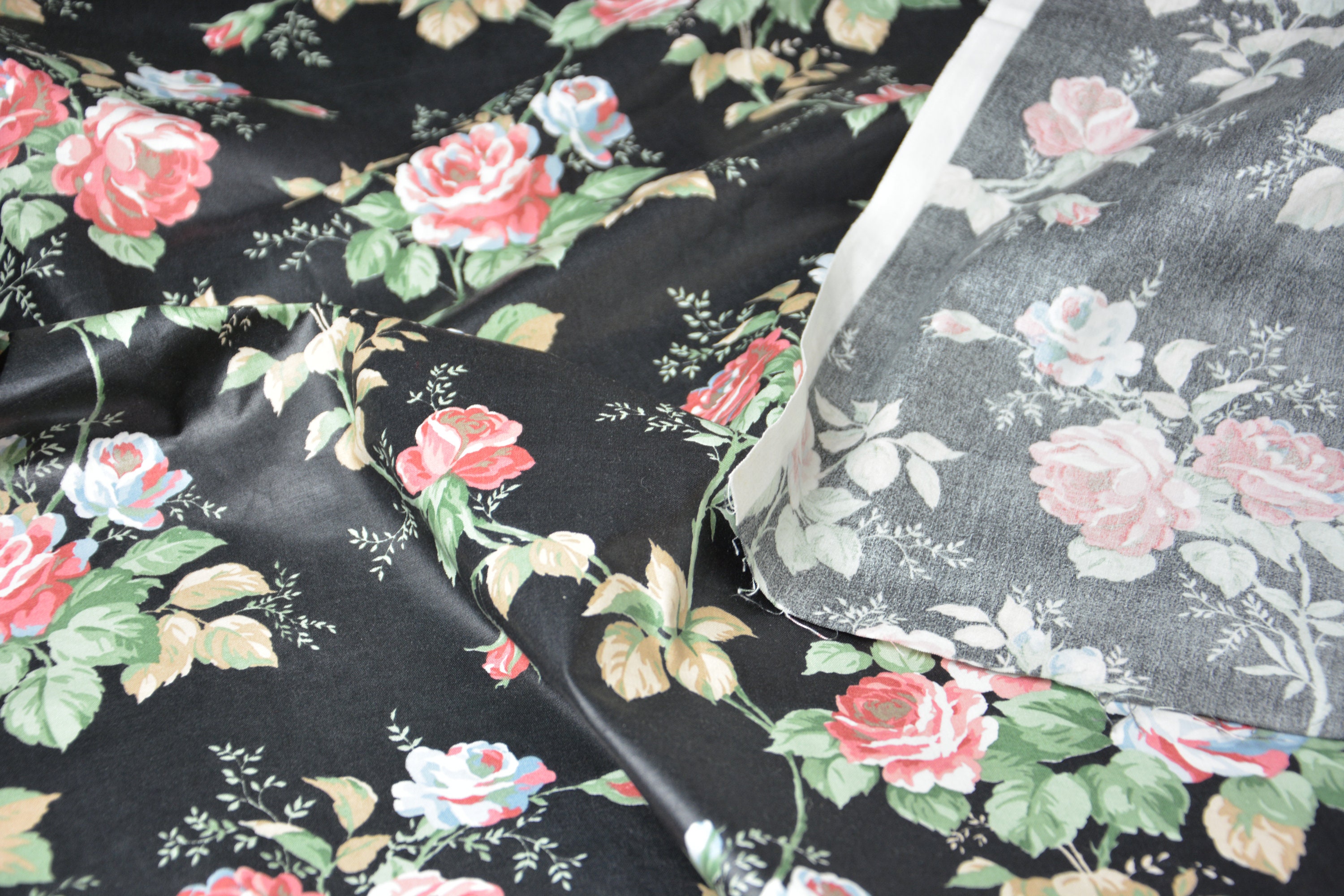 Chintz Fabric English Rose Flower Design Black Print Cotton - Etsy