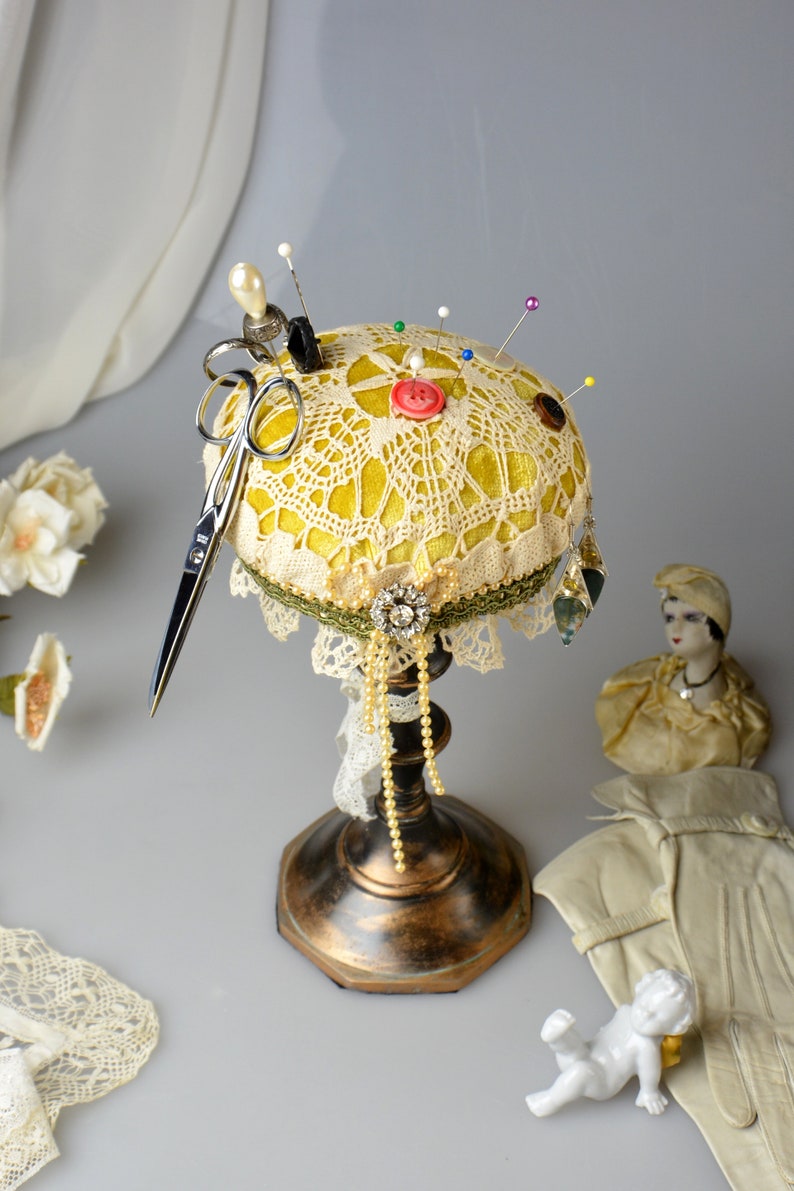 Handmade Pincushion Victorian Style Decorative Pedestal Pin Cushion French Cottage Chic Decor Jewelry Display Sewing Craft Room Decor image 2