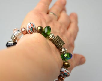 Vintage Handmade Charm Bracelet European Style Silver Tone Bronze Beads Glass & Iridescent Crystal Charm Beads Pandora Style Costume Jewelry