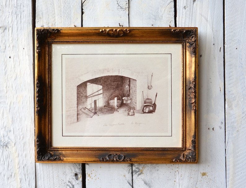 Early American Kitchen Picture The Copper Kettle Lithographic Reproduction of Doris Whitten Morgan Pencil Drawing Collectible Cabin Decor image 7