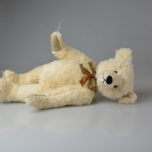 May include: A cream-colored teddy bear with a brown ribbon around its neck is lying on its back with its head turned to the side. The bear has black eyes and a black nose.