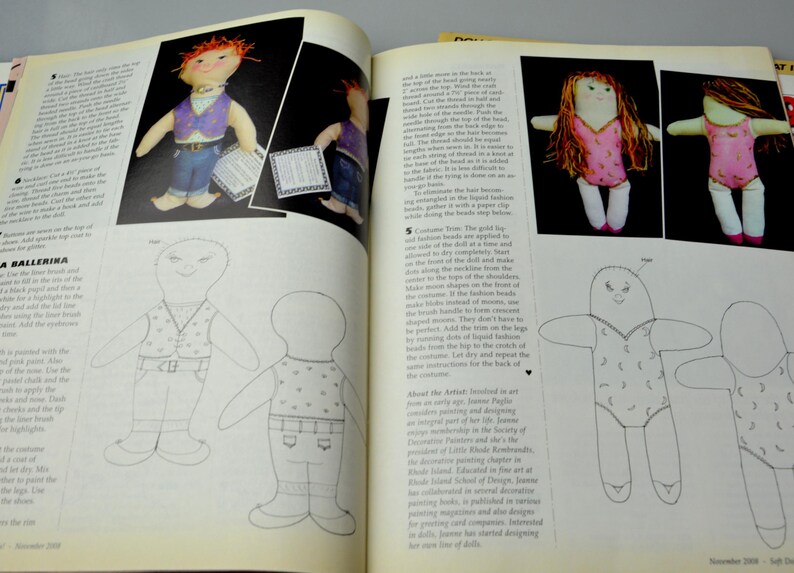May include: A magazine page with instructions on how to make a doll. The page includes illustrations of the doll's design and a photo of a finished doll. The text describes the process of making the doll, including the materials needed and the steps involved.