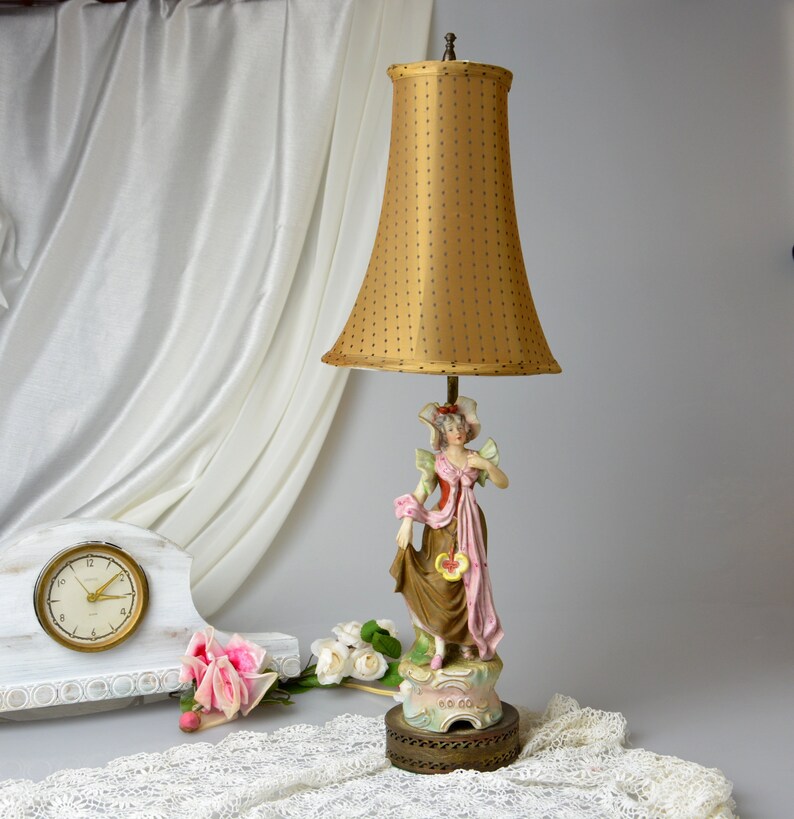 Vintage Tall Lamp Shade Polka Dot Olive Green Fabric Spider Fitter Lampshade Empire Style French Cottage Chic Romantic Boudoir Decor