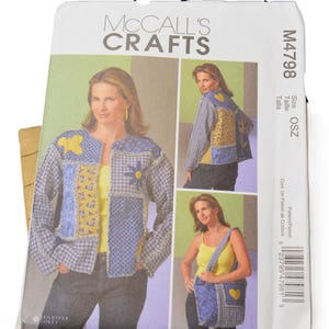 May include: A McCall's Crafts sewing pattern envelope M4798 for a patchwork jacket and bag. The cover features photographs of a person wearing a blue and yellow checkered patchwork jacket and carrying a matching patchwork shoulder bag with heart details.