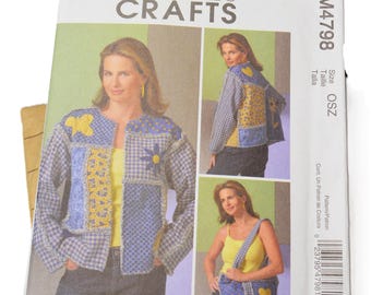 May include: A McCall's Crafts sewing pattern envelope M4798 for a patchwork jacket and bag. The cover features photographs of a person wearing a blue and yellow checkered patchwork jacket and carrying a matching patchwork shoulder bag with heart details.