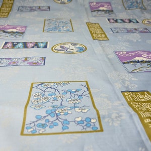 May include: Blue fabric with a repeating pattern of Japanese-inspired designs. The designs include cherry blossoms, mountains, and stylized text.