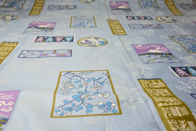 May include: Blue fabric with a repeating pattern of Japanese-inspired designs. The designs include cherry blossoms, mountains, and stylized text.