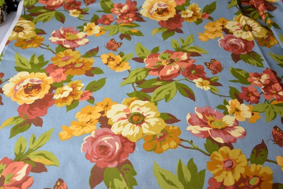 Victorian Floral Canvas Fabric: Blue Antique Flower Print
