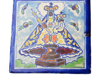 Vintage Handmade Decorative Ceramic Tile Hand Painted Saint Mary Primitive Folk Art
