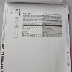 May include: Vogue Pattern Service sewing pattern envelope. The envelope is white with text and illustrations in black and orange. The pattern number is V1150, with dress and robe options. Measurements are in inches.