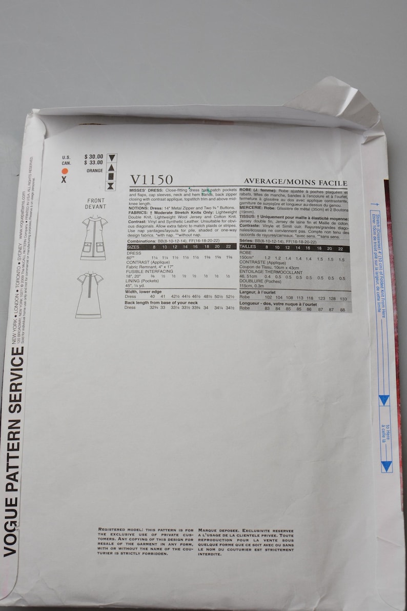 May include: Vogue Pattern Service sewing pattern envelope. The envelope is white with text and illustrations in black and orange. The pattern number is V1150, with dress and robe options. Measurements are in inches.