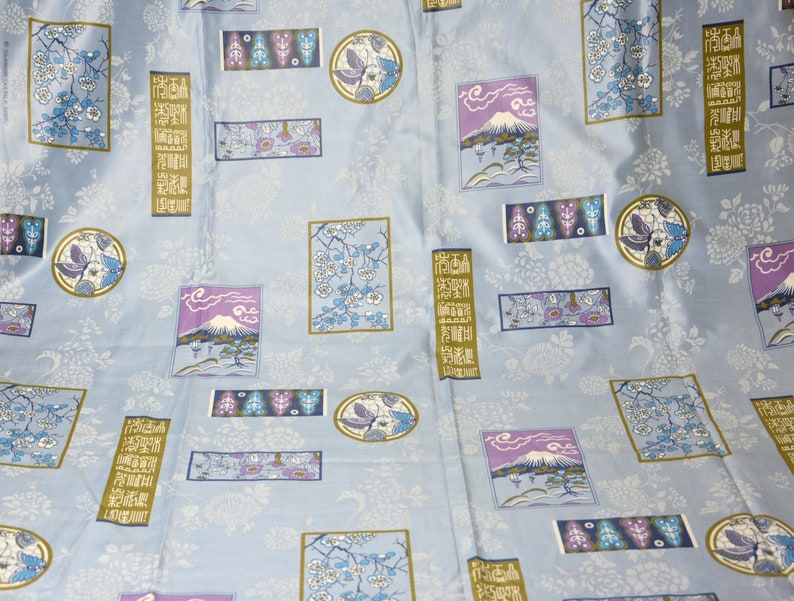 May include: Blue fabric with a repeating pattern of Japanese-inspired designs. The pattern includes Mount Fuji, cherry blossoms, and traditional Japanese characters.