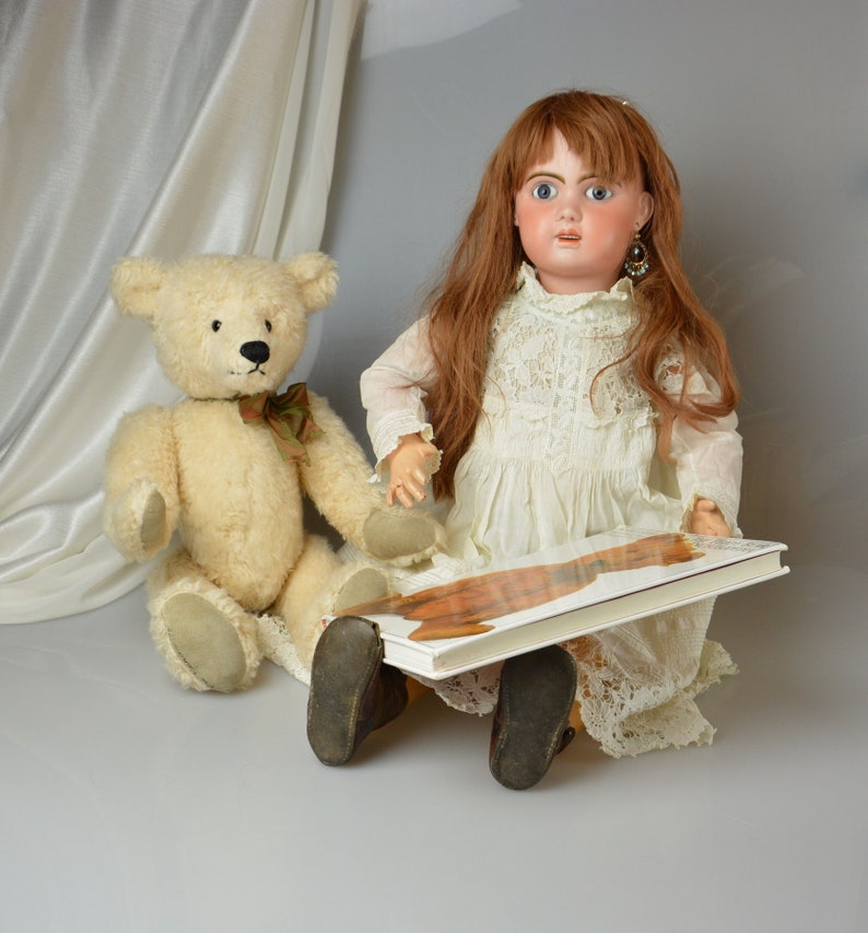 May include: A porcelain doll with long brown hair wearing a white dress and holding a book. The doll is sitting next to a cream-colored teddy bear.