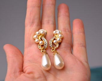 Vintage Gold-Tone Faux Pearl & Rhinestone Dangle Wedding Earrings Clip-on