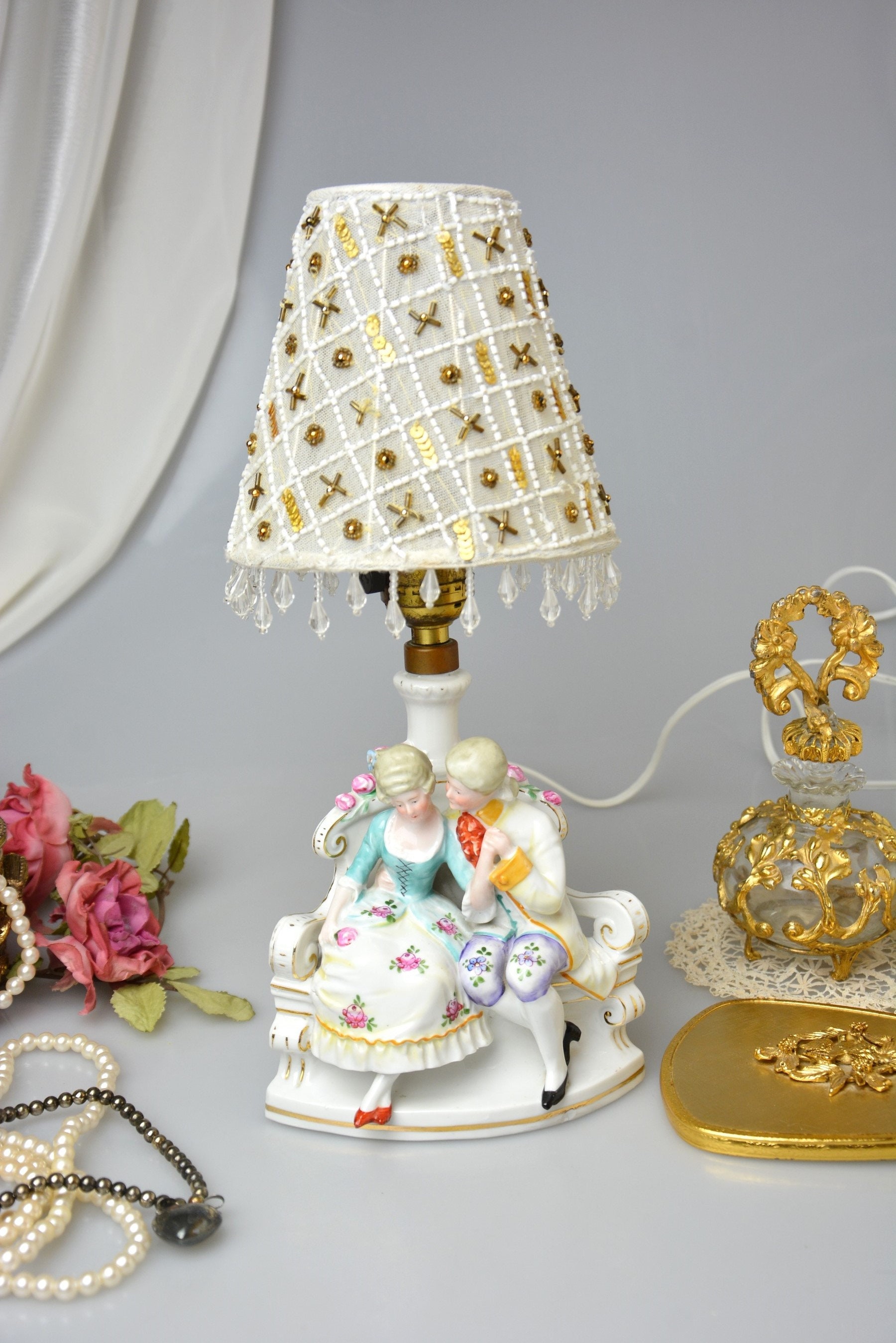 Vintage German Porcelain Figurine Lamp Small Lace Lamp Shade Etsy