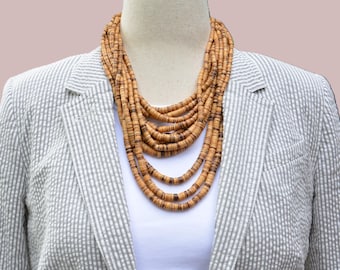 Può includere: Una collana a più fili composta da numerose piccole perle cilindriche in legno color marrone chiaro e beige. La collana presenta diversi fili sovrapposti di lunghezze variabili, indossata sopra una camicia bianca e un blazer a righe grigie e bianche.