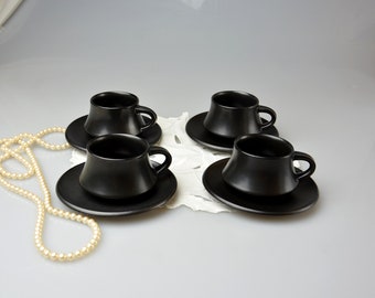 Set of 4 Vintage Shungyo Japan Black Teacup & Saucers Stoneware Coffee Cup Black Dinner Accent Kitchen Decor