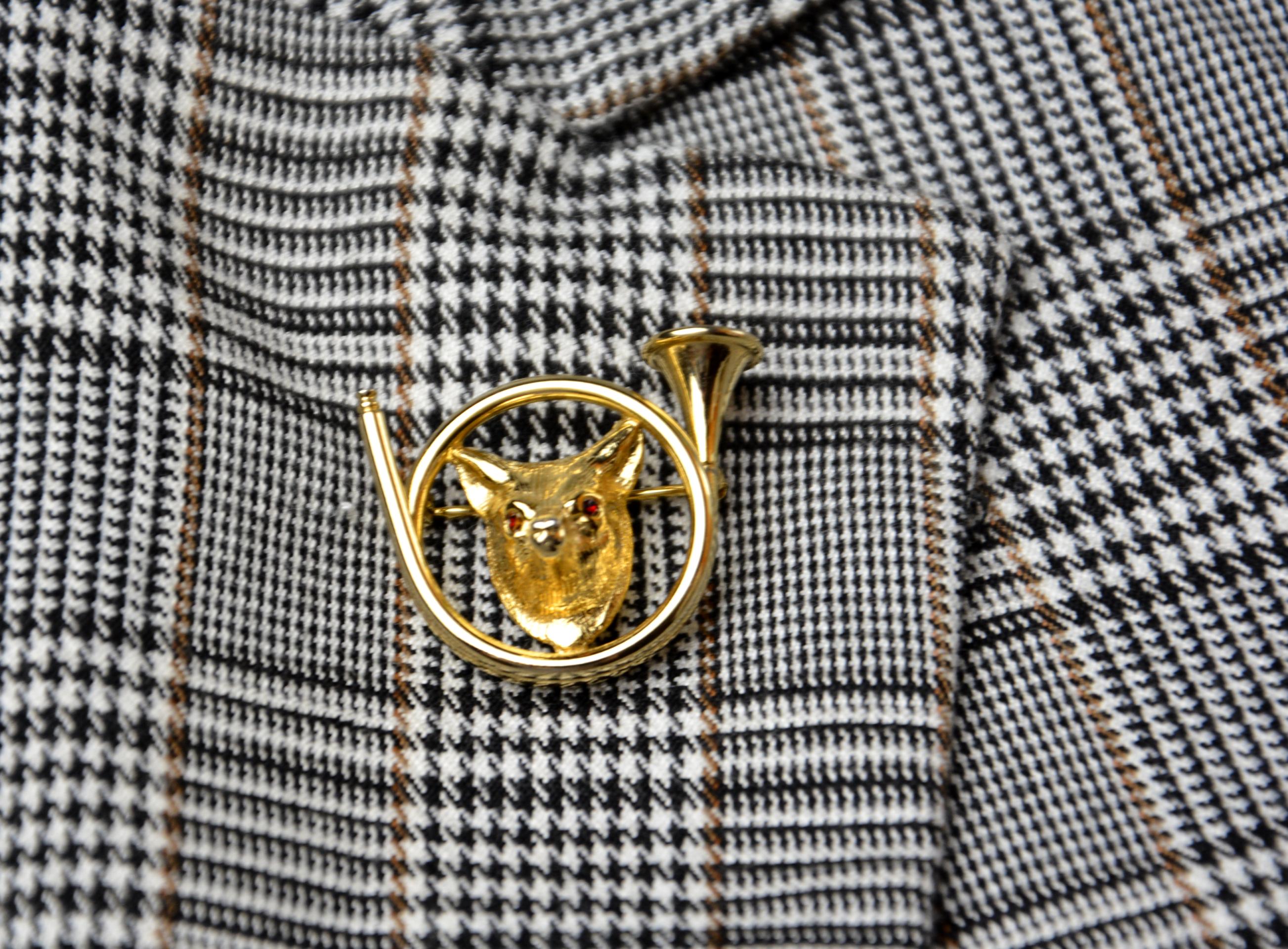 Antique Style Fox Head in Horn Brooch Gold Plated Fox Pin