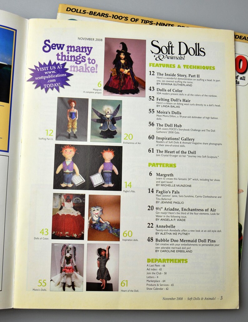 May include: A magazine cover for Soft Dolls & Animals! featuring a witch doll with a purple dress and a black hat. The magazine cover also features a variety of other dolls, including a mermaid doll, a fairy doll, and a witch doll. The magazine cover also includes the text "Sew many things to make!" and "Soft Dolls & Animals!"
