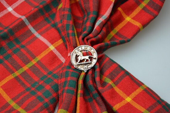 Vintage Bruce Modern Scottish Plaid Lightweight Wool Scarf by Lochcarron of Scotland & Bruce Clan Crest Badge Brooch