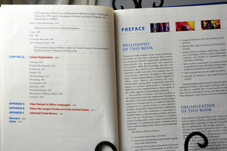 Puede incluir: Un libro abierto con fondo blanco y texto negro. El libro se titula "Textiles" y el cap&iacute;tulo se titula "Exploraci&oacute;n profesional". El texto enumera varias v&iacute;as profesionales en la industria textil, incluyendo abastecimiento, desarrollo de productos, dise&ntilde;o, comercializaci&oacute;n, marketing, gobierno, educaci&oacute;n, emprendimiento, trabajo en museos o colecciones y resumen.