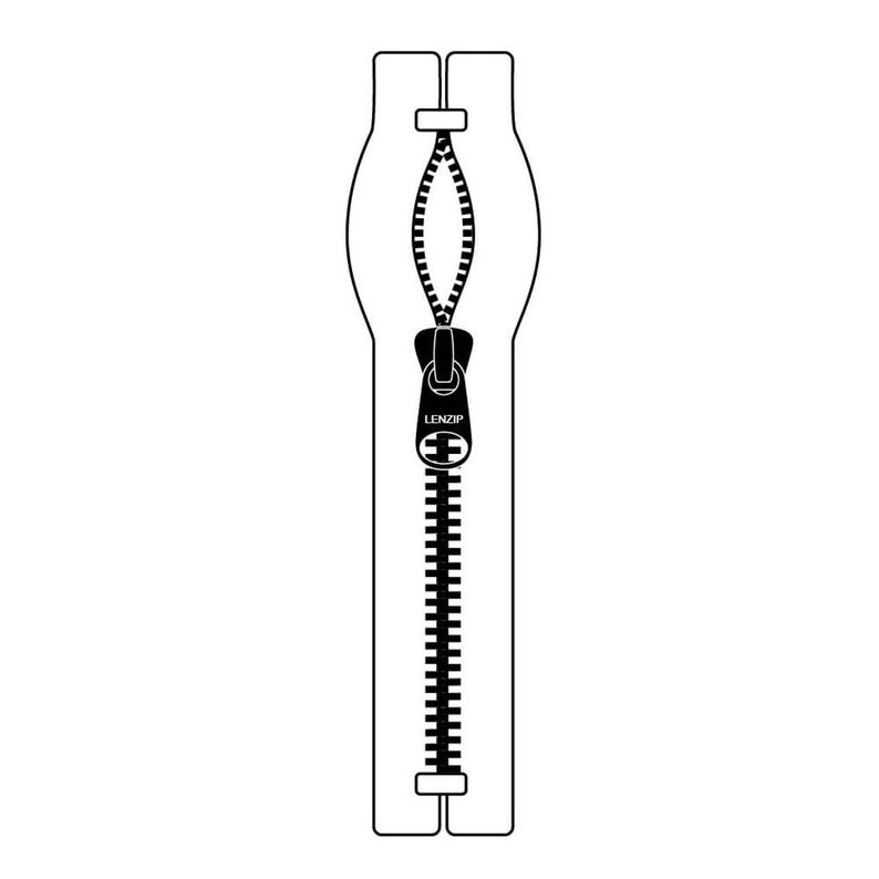 May include: A black and white illustration of a zipper with the word "LENZIP" printed on the slider.