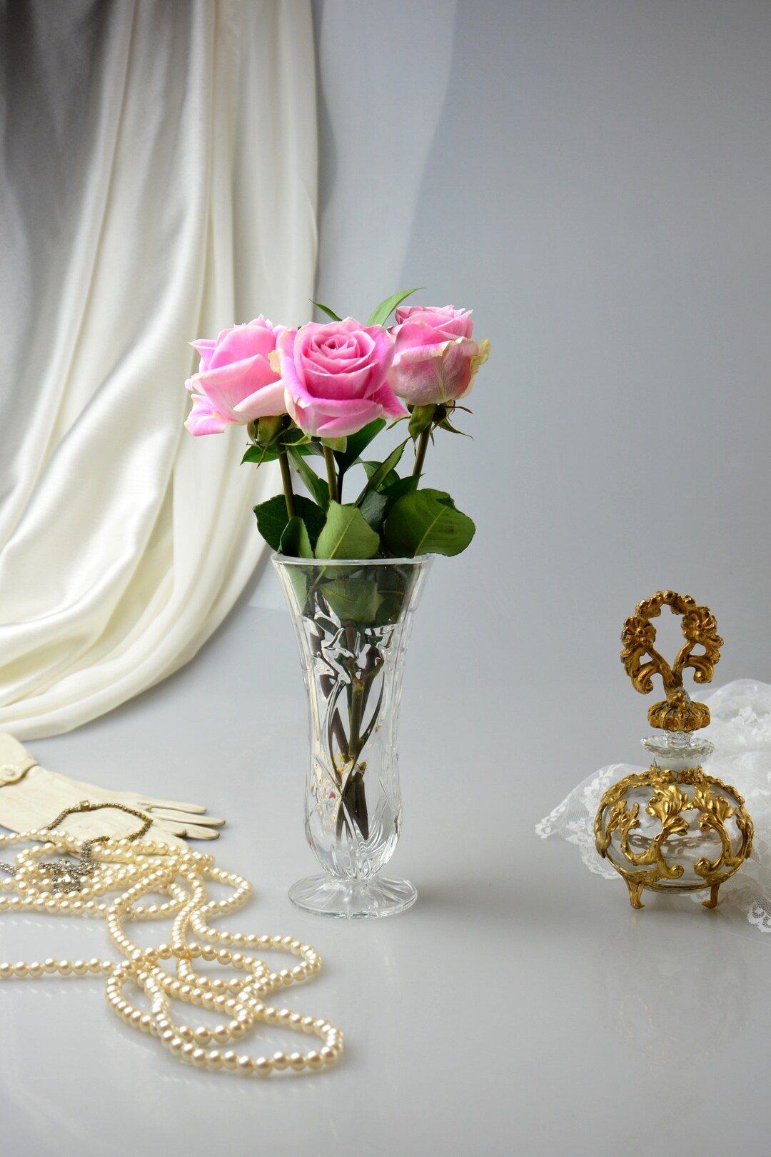 Vintage Leaded Crystal Footed Vase Floral Embossed Daffodil Etsy